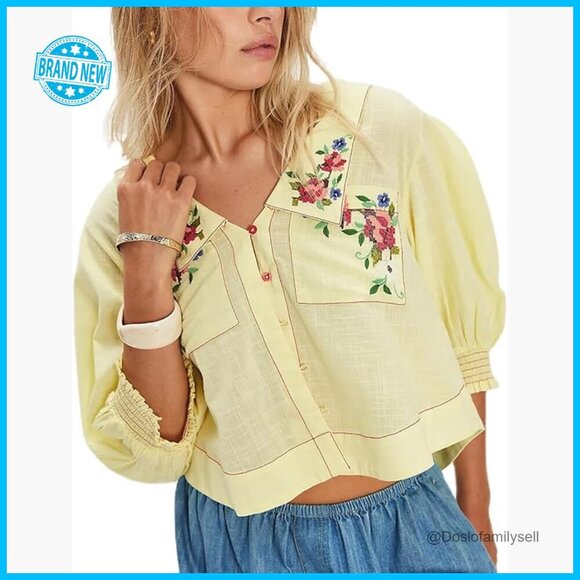 Tops - Y2K Embroidered Floral Blouse Crop Top Puff Smocked Sleeve Loose Fit